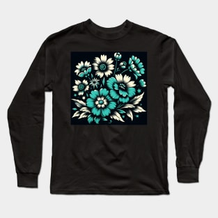 Turquoise Floral Illustration Long Sleeve T-Shirt